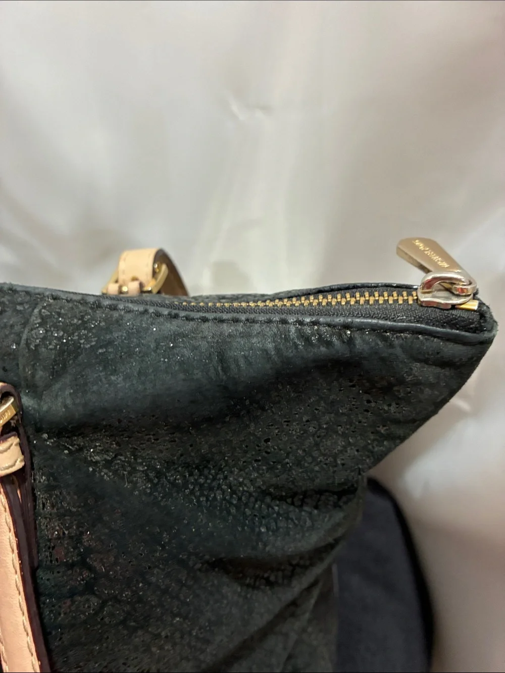 Michael Kors Black Snake-Embossed Shoulder Tote with Beige Straps
